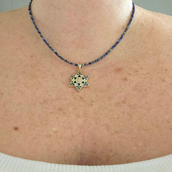 Stunning Blue Enamel CZ Star of David Necklace Adjustable Lapis Lazuli Chain - Picture 7 of 7